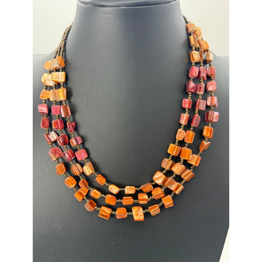 90s Shades Of Fall umber Iridescent Square Shell Bead Triple Strand Necklace